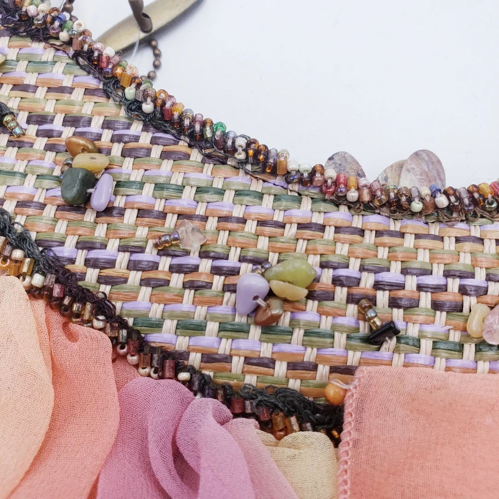 Mary Frances Beaded Tulle Ruffle Wicker Shoulder Bag‎ Mother of Pearl Earthtones